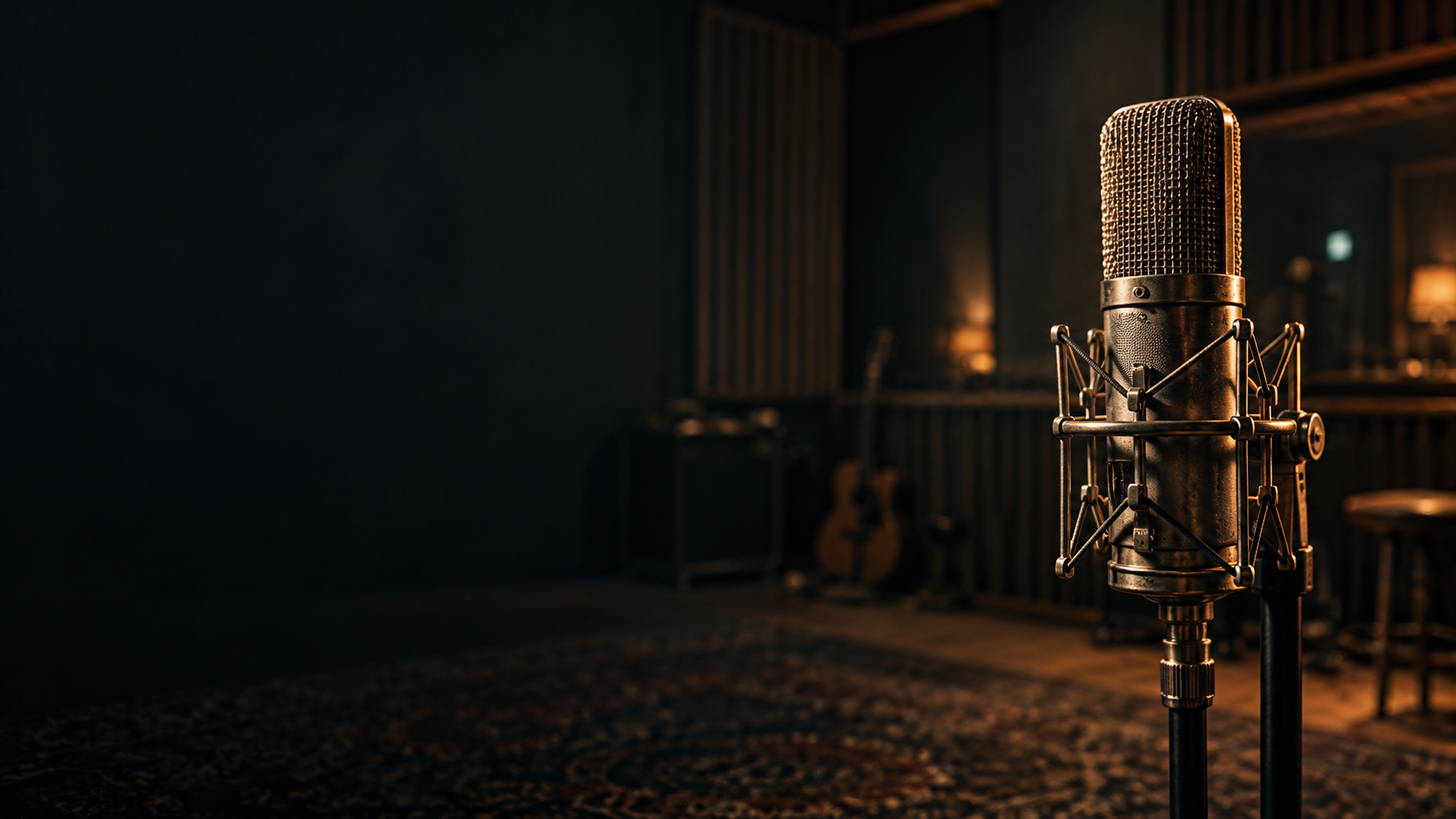 A vintage microphone in a warmly lit recording studio